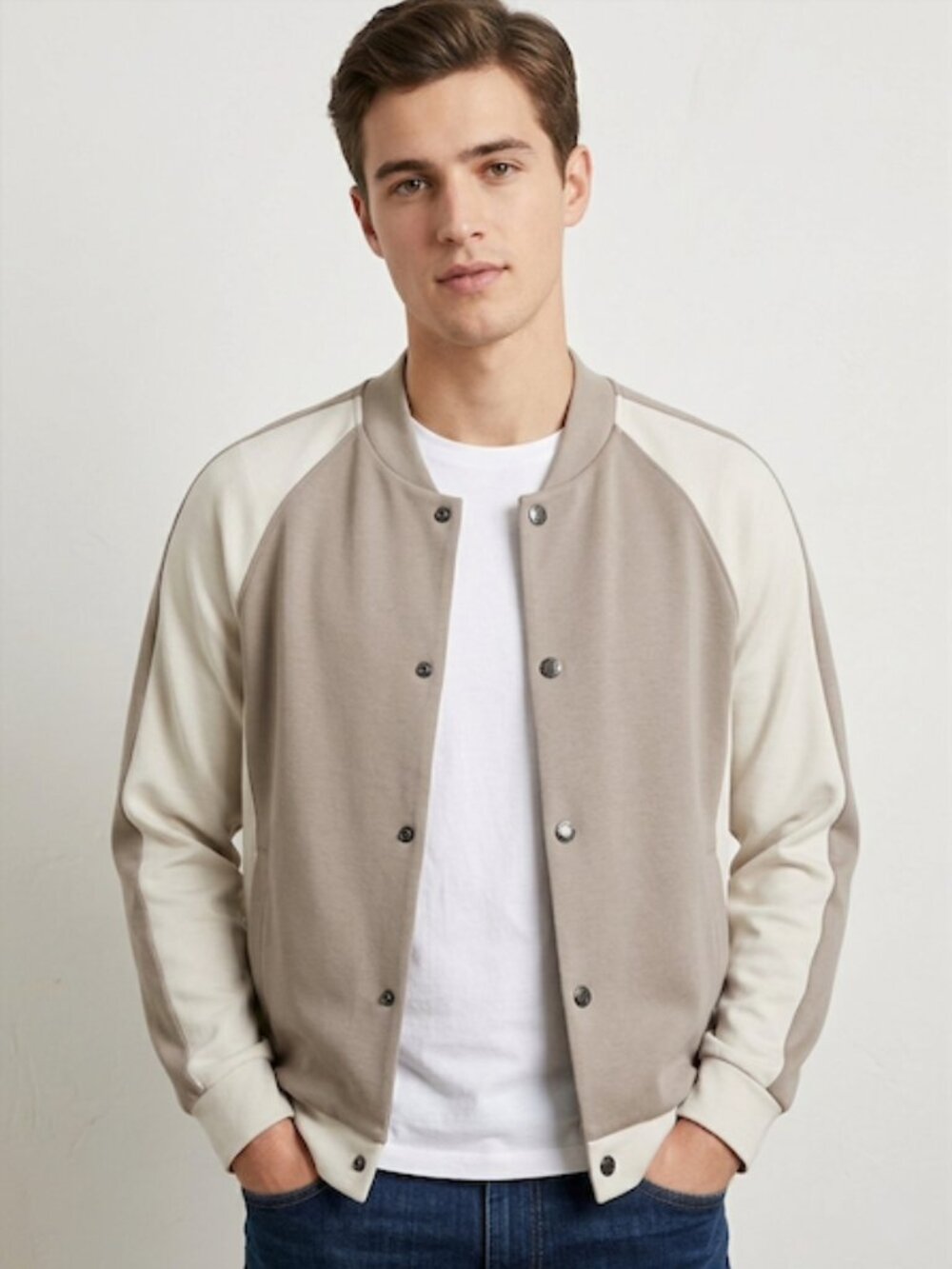 Elie Tahari Colorblock Bomber Varsity Jacket Light Taupe Ivory Medium